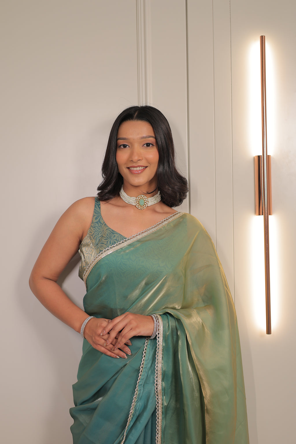 Pastel Mint Green Satin Silk Saree with Printed Blouse & Designer Lace Border – Festive Wear