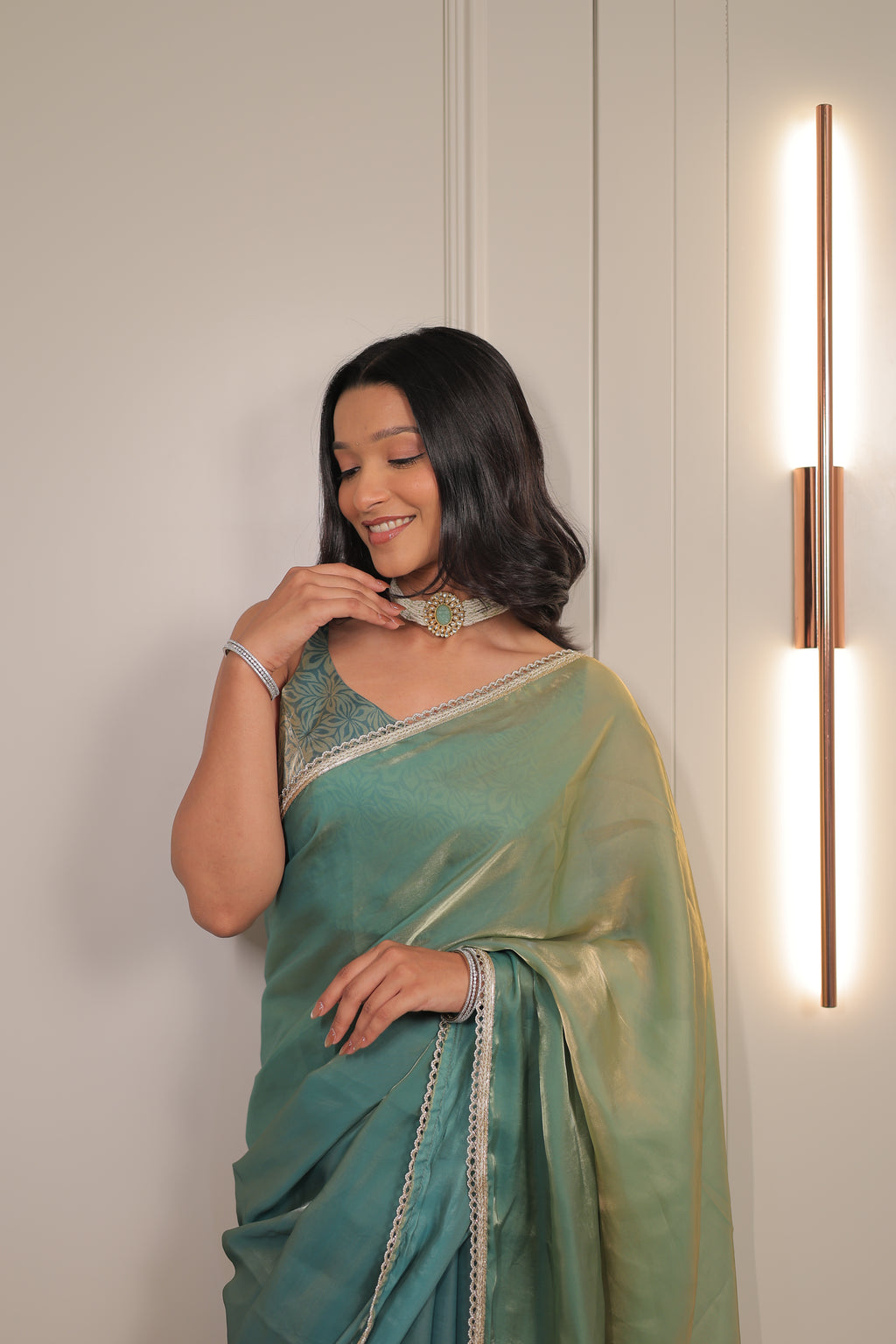Pastel Mint Green Satin Silk Saree with Printed Blouse & Designer Lace Border – Festive Wear