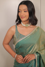 Pastel Mint Green Satin Silk Saree with Printed Blouse & Designer Lace Border – Festive Wear