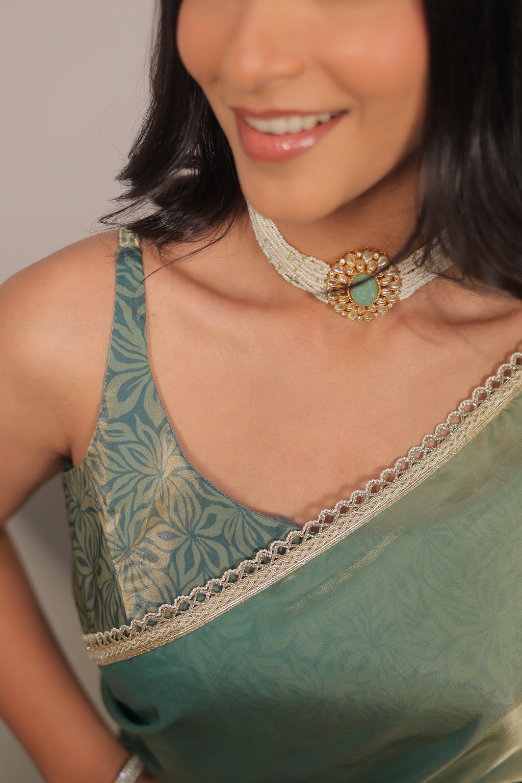 Pastel Mint Green Satin Silk Saree with Printed Blouse & Designer Lace Border – Festive Wear
