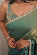 Pastel Mint Green Satin Silk Saree with Printed Blouse & Designer Lace Border – Festive Wear