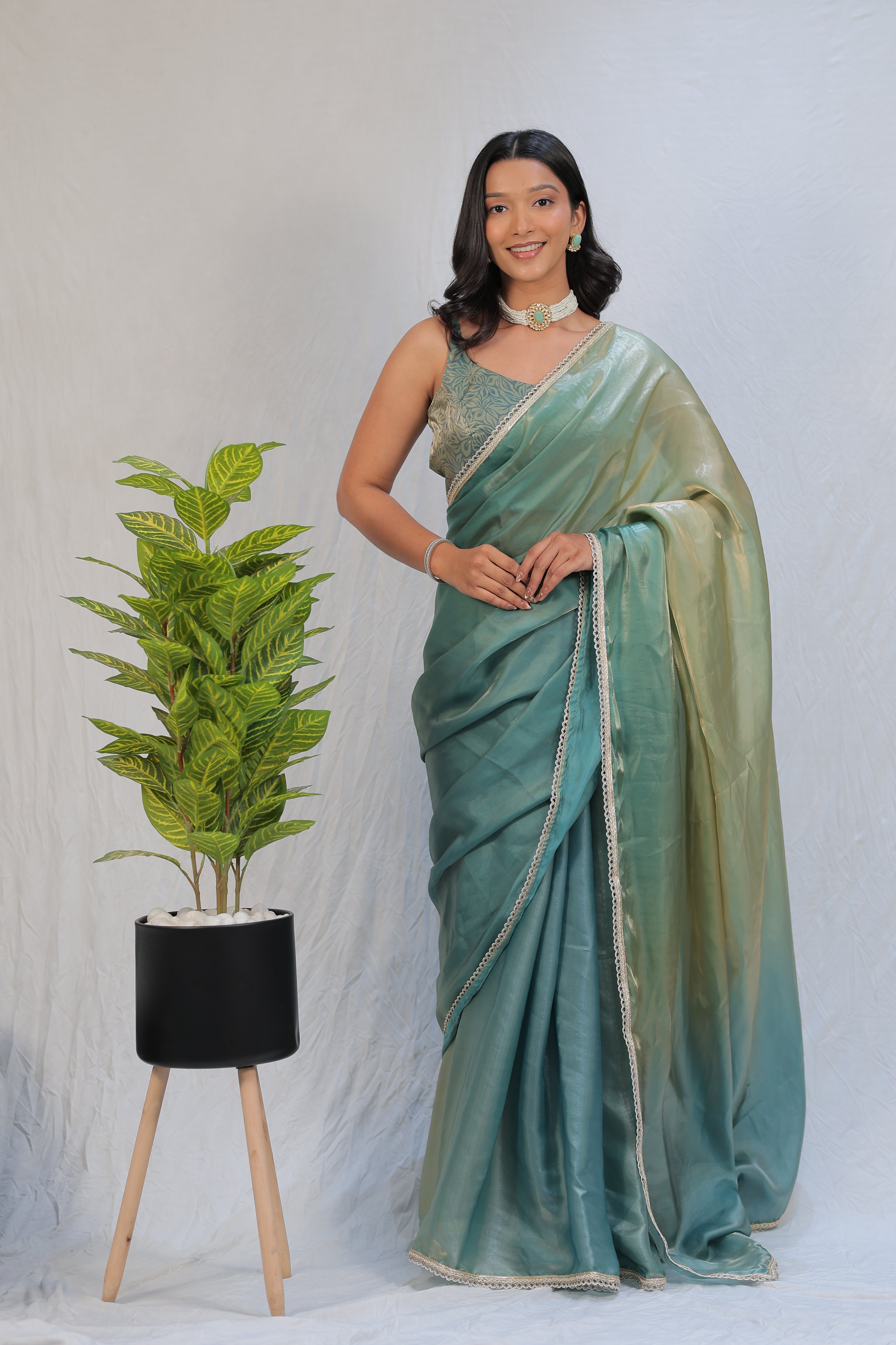 Pastel Mint Green Satin Silk Saree with Printed Blouse & Designer Lace Border – Festive Wear