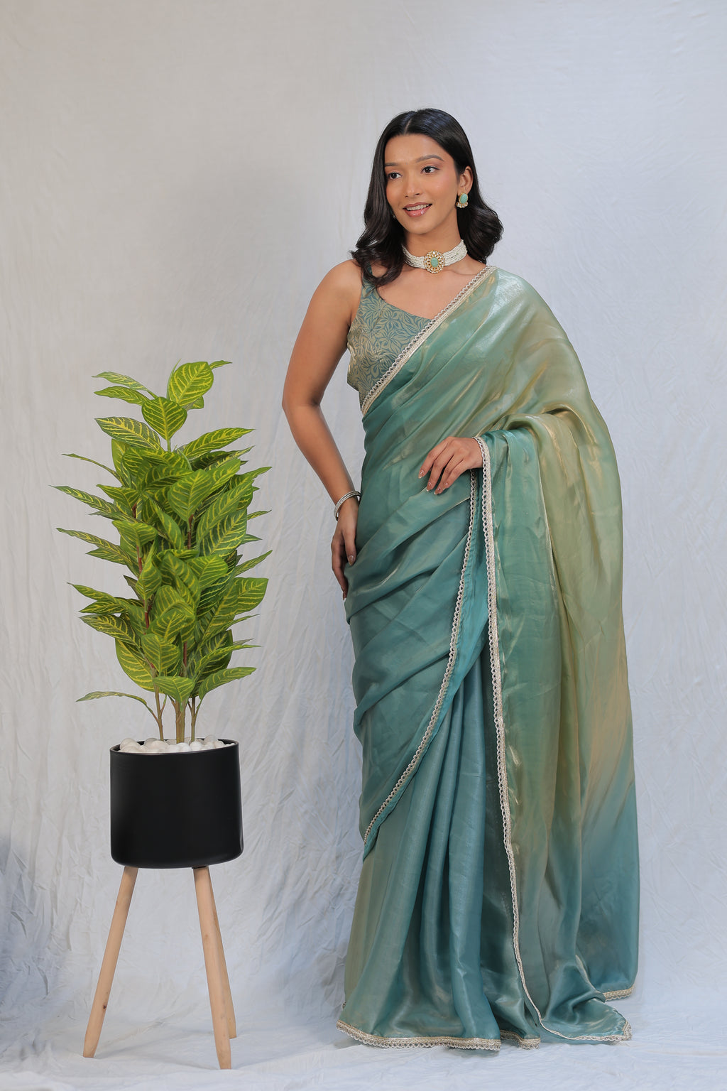 Pastel Mint Green Satin Silk Saree with Printed Blouse & Designer Lace Border – Festive Wear