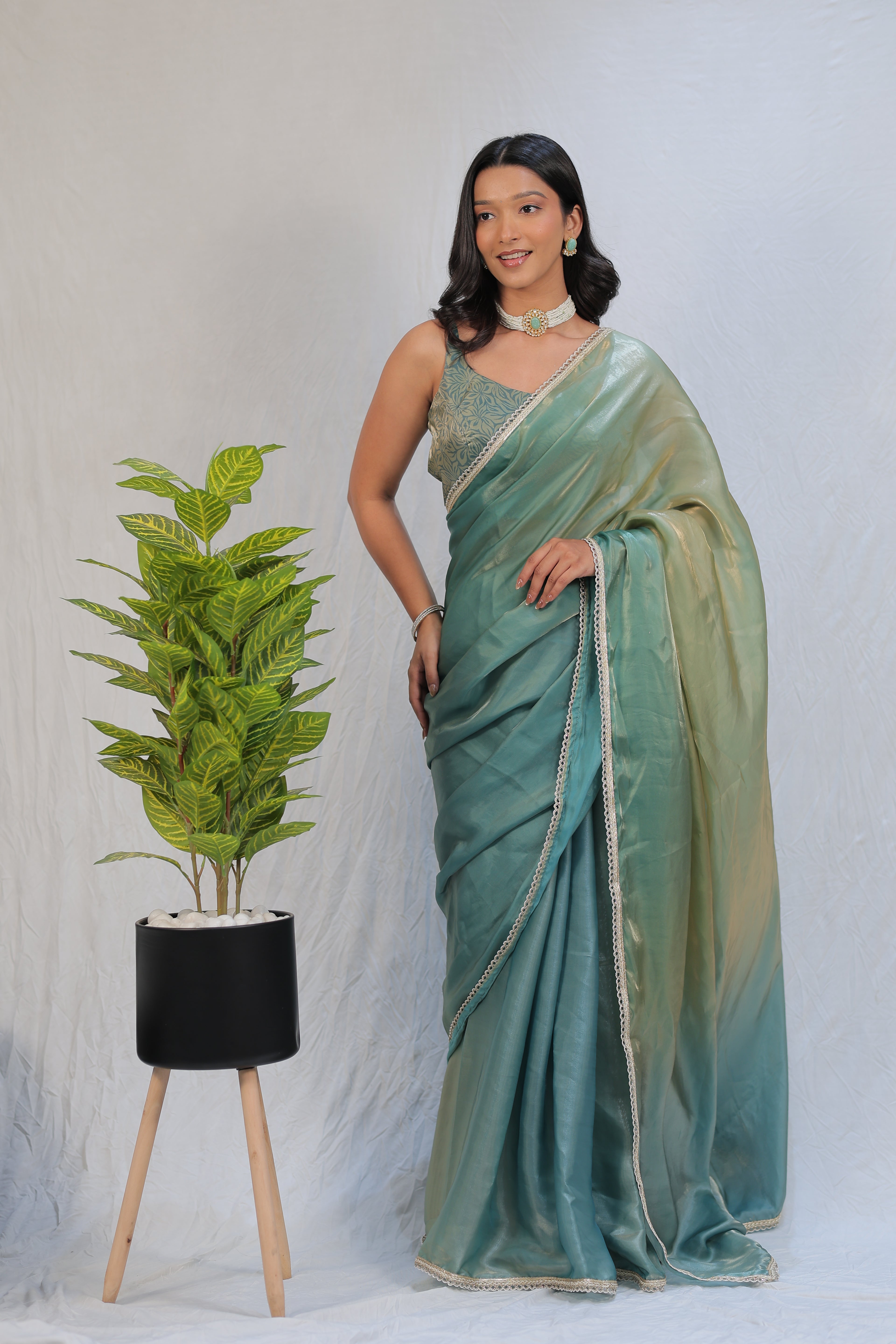 Pastel Mint Green Satin Silk Saree with Printed Blouse & Designer Lace Border – Festive Wear