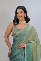 Pastel Mint Green Satin Silk Saree with Printed Blouse & Designer Lace Border – Festive Wear