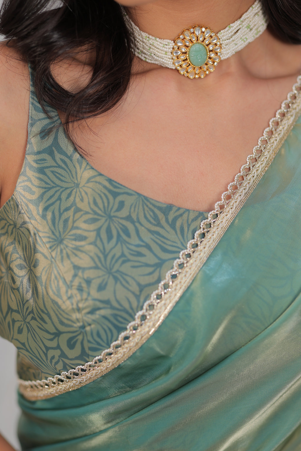 Pastel Mint Green Satin Silk Saree with Printed Blouse & Designer Lace Border – Festive Wear