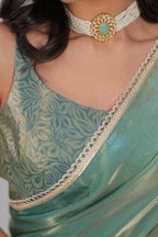 Pastel Mint Green Satin Silk Saree with Printed Blouse & Designer Lace Border – Festive Wear