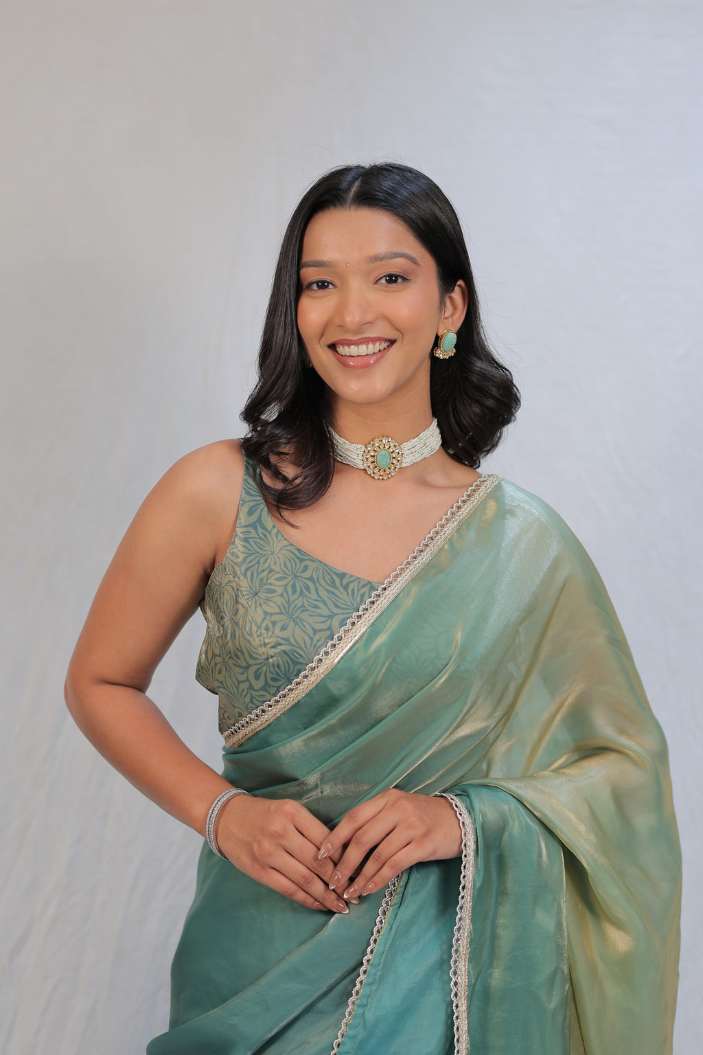 Pastel Mint Green Satin Silk Saree with Printed Blouse & Designer Lace Border – Festive Wear