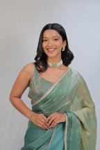 Pastel Mint Green Satin Silk Saree with Printed Blouse & Designer Lace Border – Festive Wear