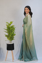 Pastel Mint Green Satin Silk Saree with Printed Blouse & Designer Lace Border – Festive Wear