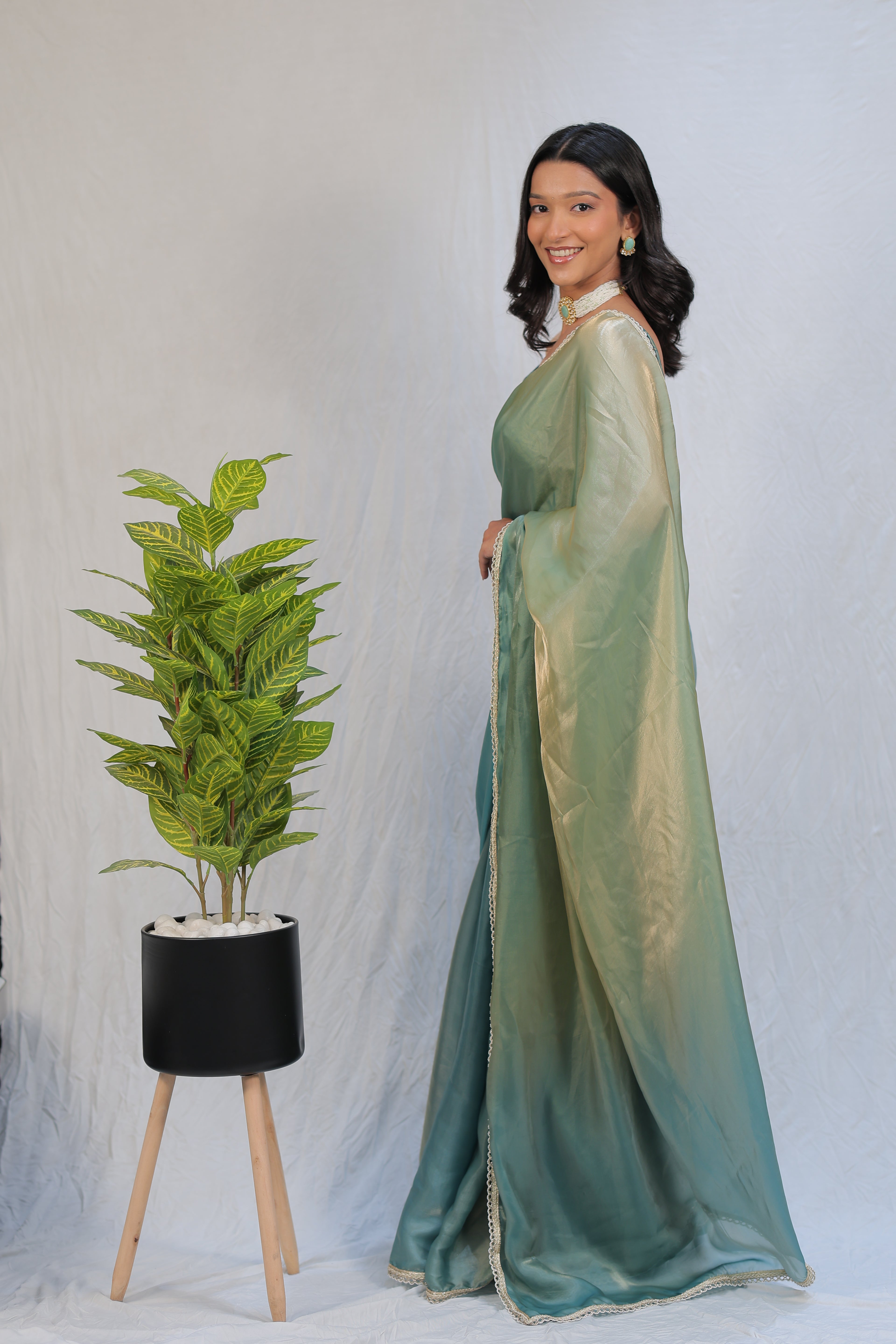 Pastel Mint Green Satin Silk Saree with Printed Blouse & Designer Lace Border – Festive Wear