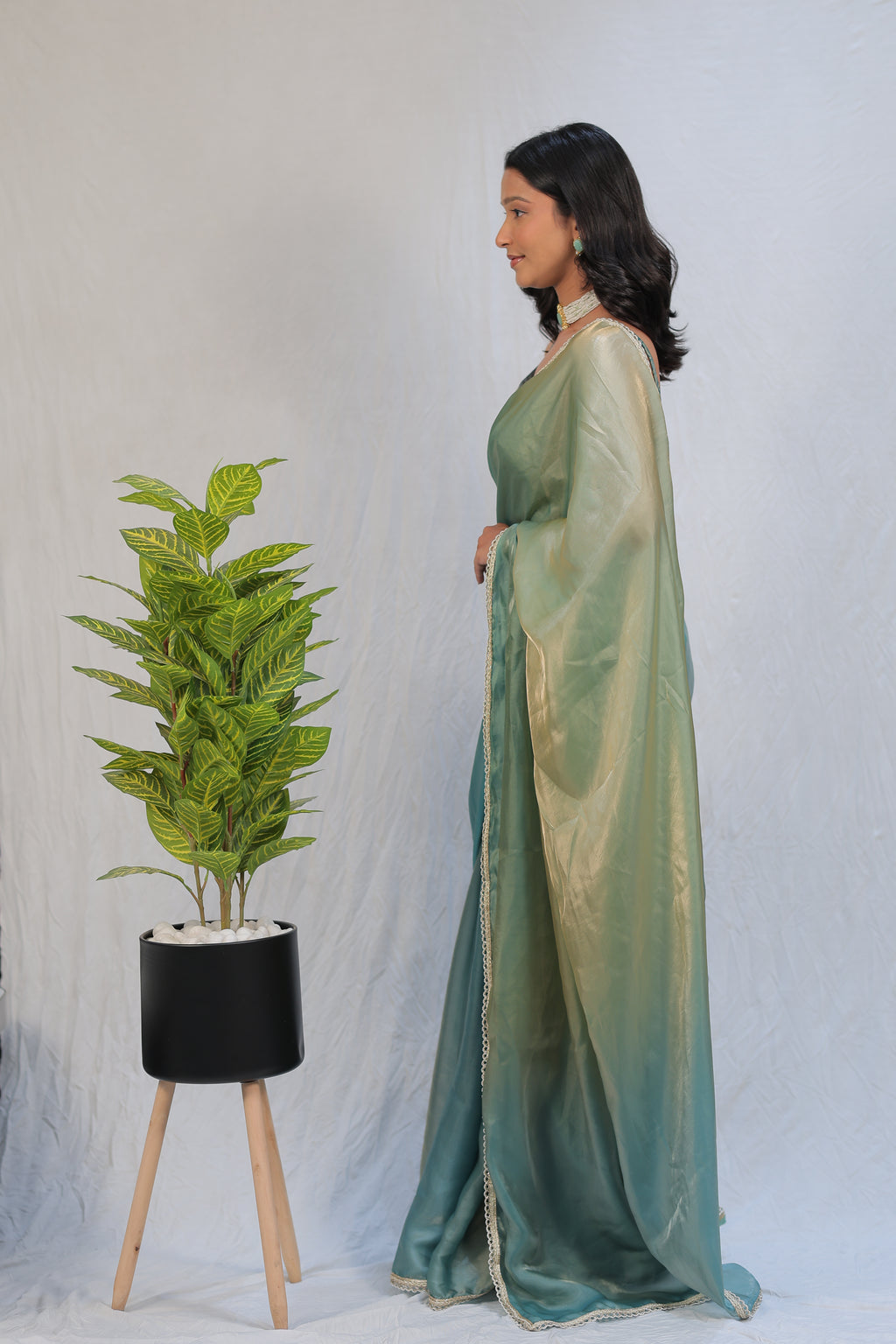 Pastel Mint Green Satin Silk Saree with Printed Blouse & Designer Lace Border – Festive Wear
