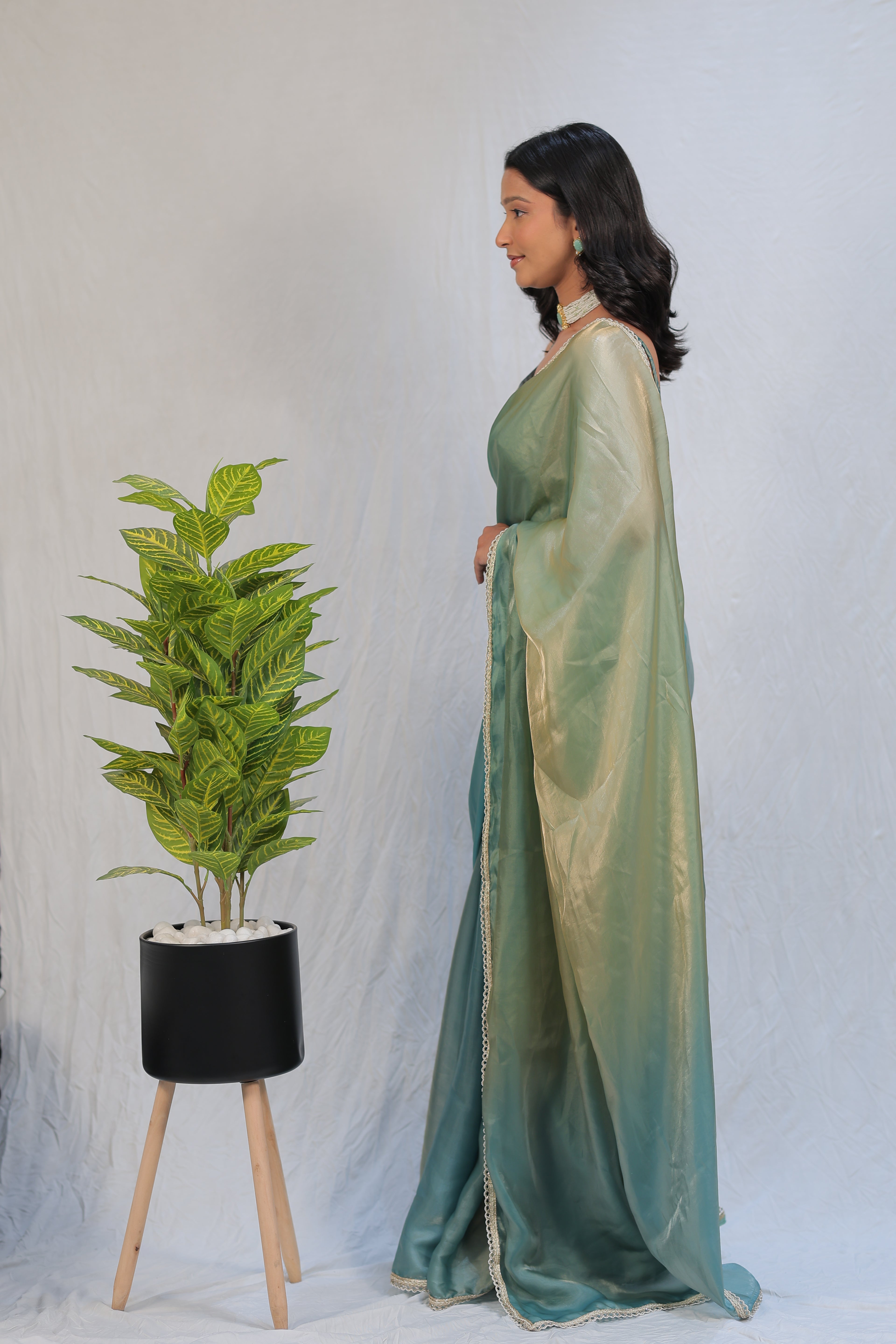 Pastel Mint Green Satin Silk Saree with Printed Blouse & Designer Lace Border – Festive Wear