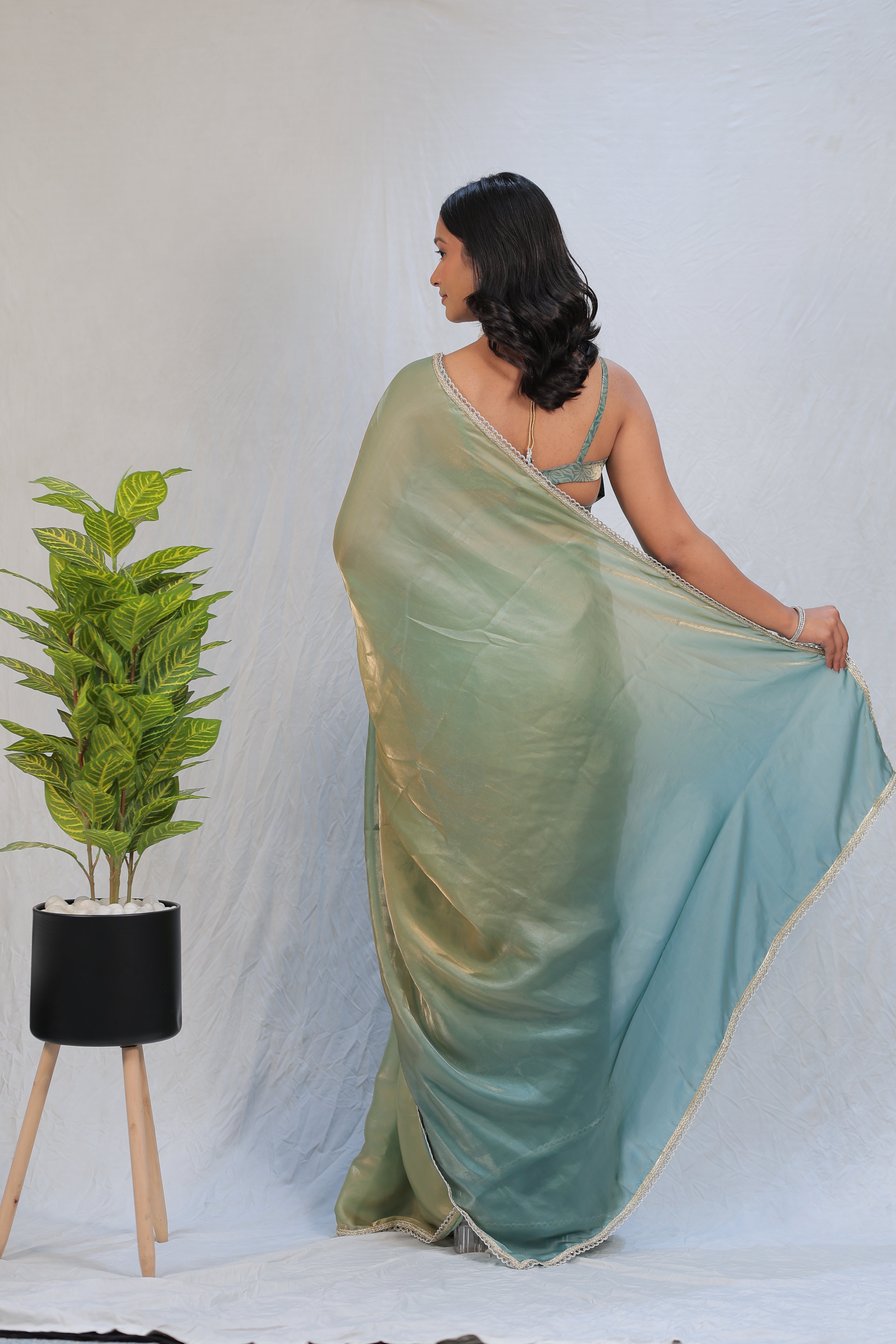 Pastel Mint Green Satin Silk Saree with Printed Blouse & Designer Lace Border – Festive Wear