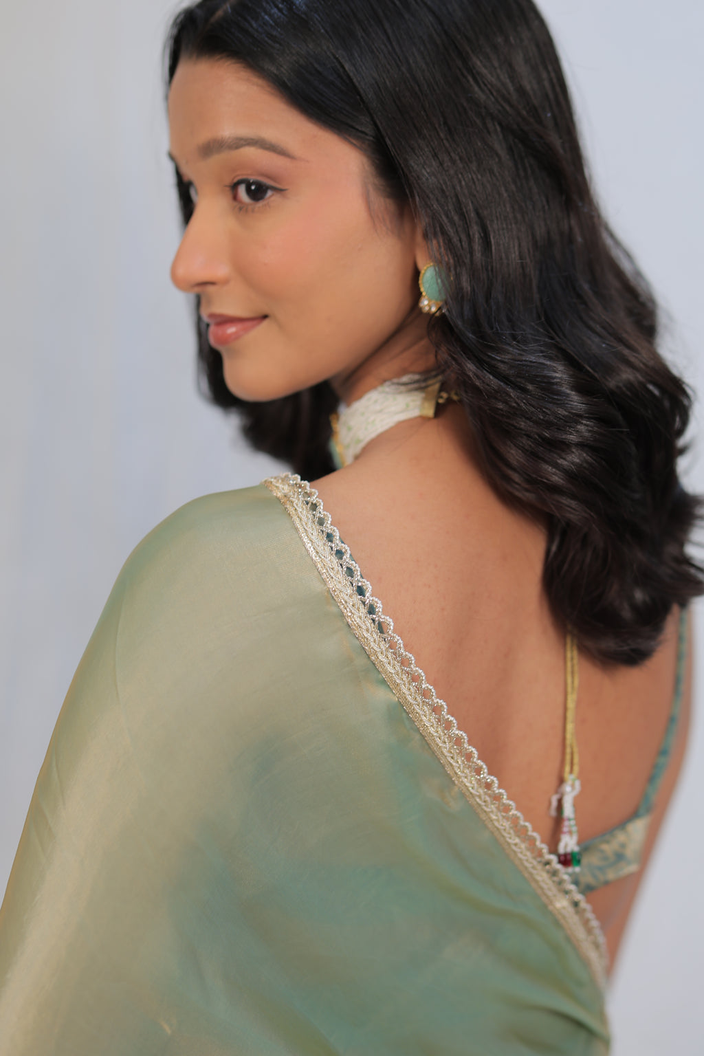 Pastel Mint Green Satin Silk Saree with Printed Blouse & Designer Lace Border – Festive Wear