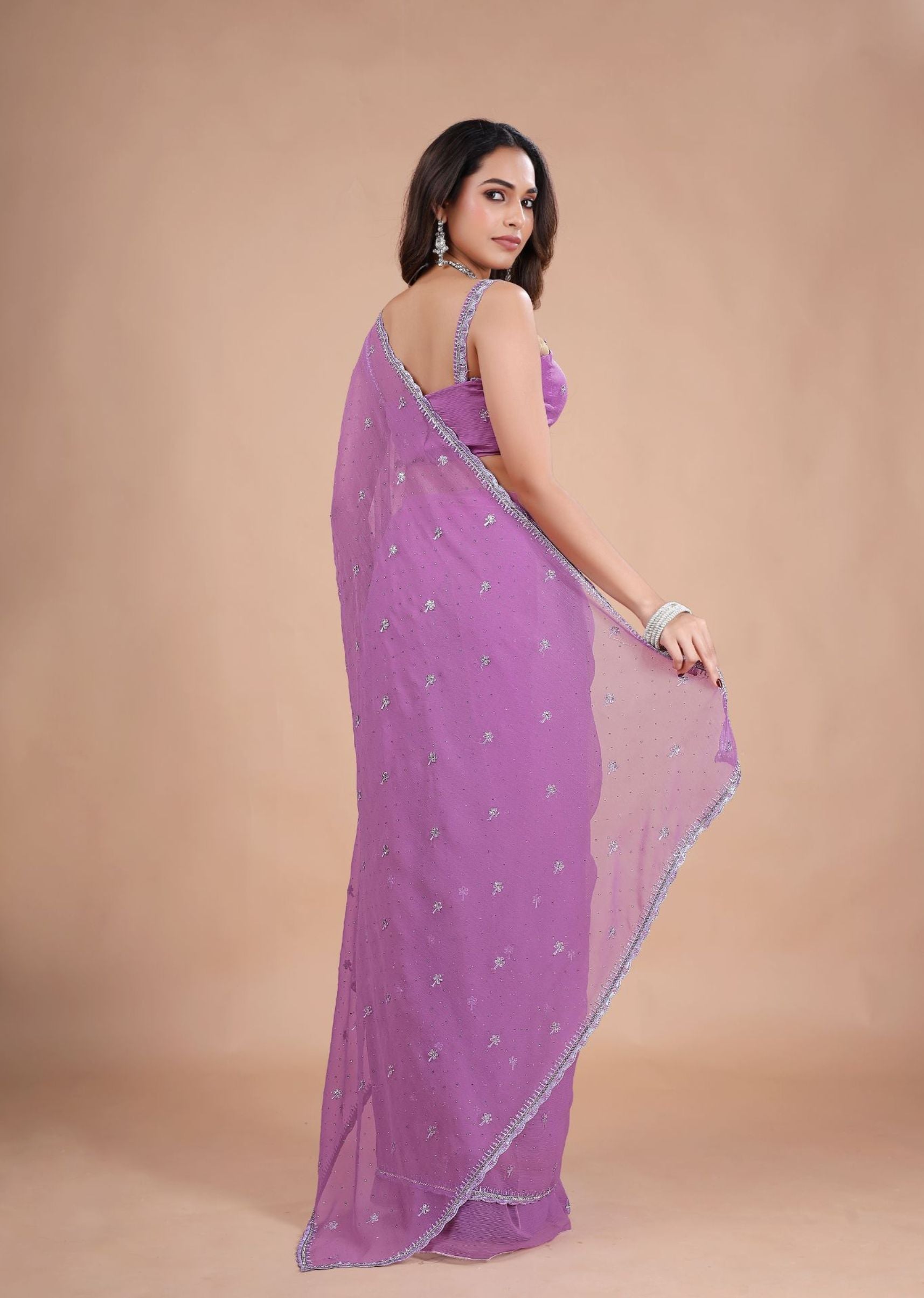 Sea Green Organza Saree with Zari Floral Buti & Stone Work Border