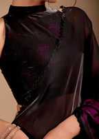 Wine Purple Organza Saree with Abstract Floral Print & Designer Scalloped Border