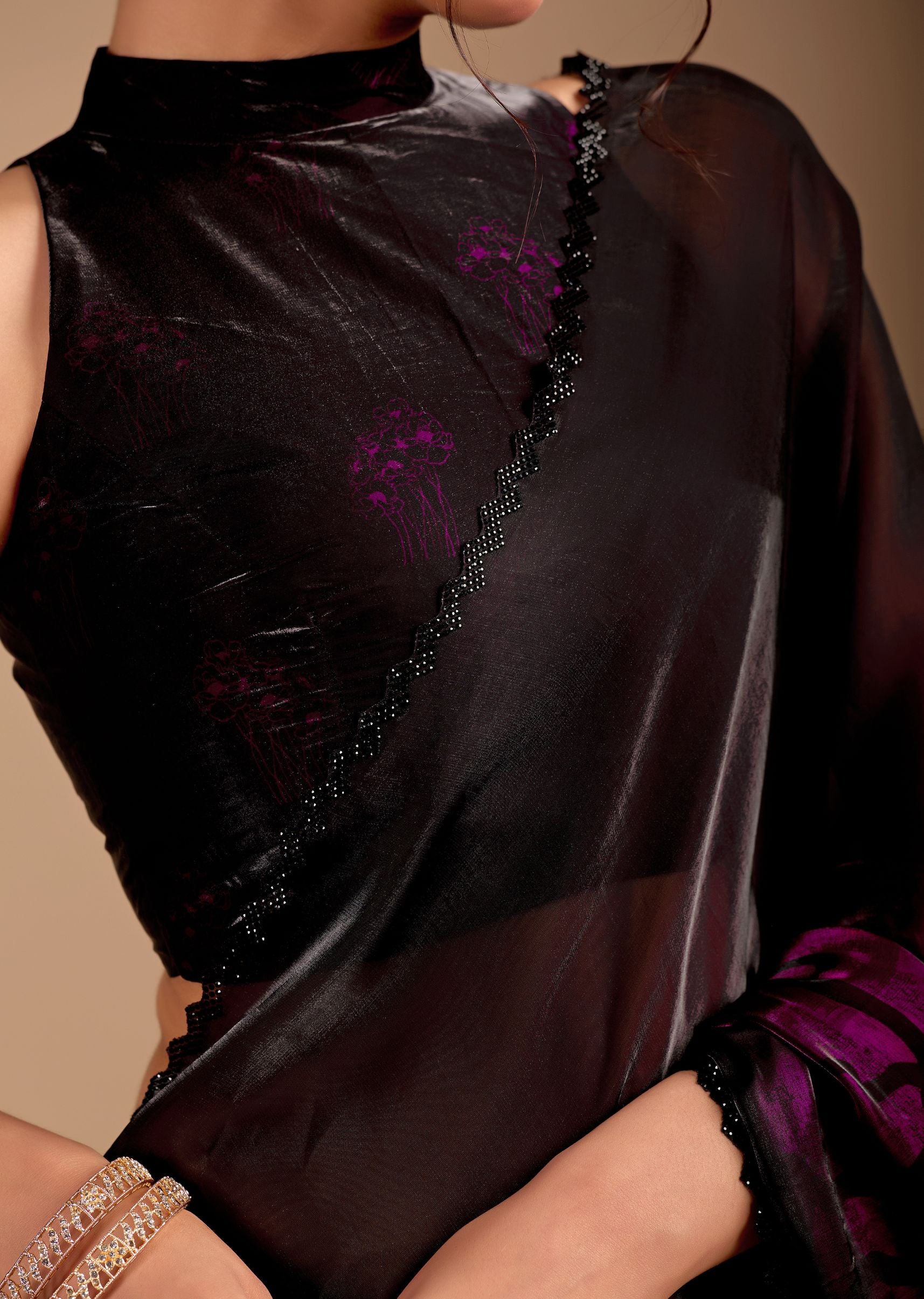 Wine Purple Organza Saree with Abstract Floral Print & Designer Scalloped Border