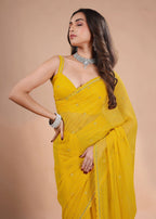 Sea Green Organza Saree with Zari Floral Buti & Stone Work Border