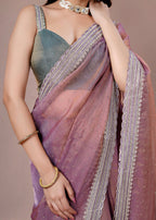 Dusty Teal Organza Saree with Zari Border & Stone Work Detailing