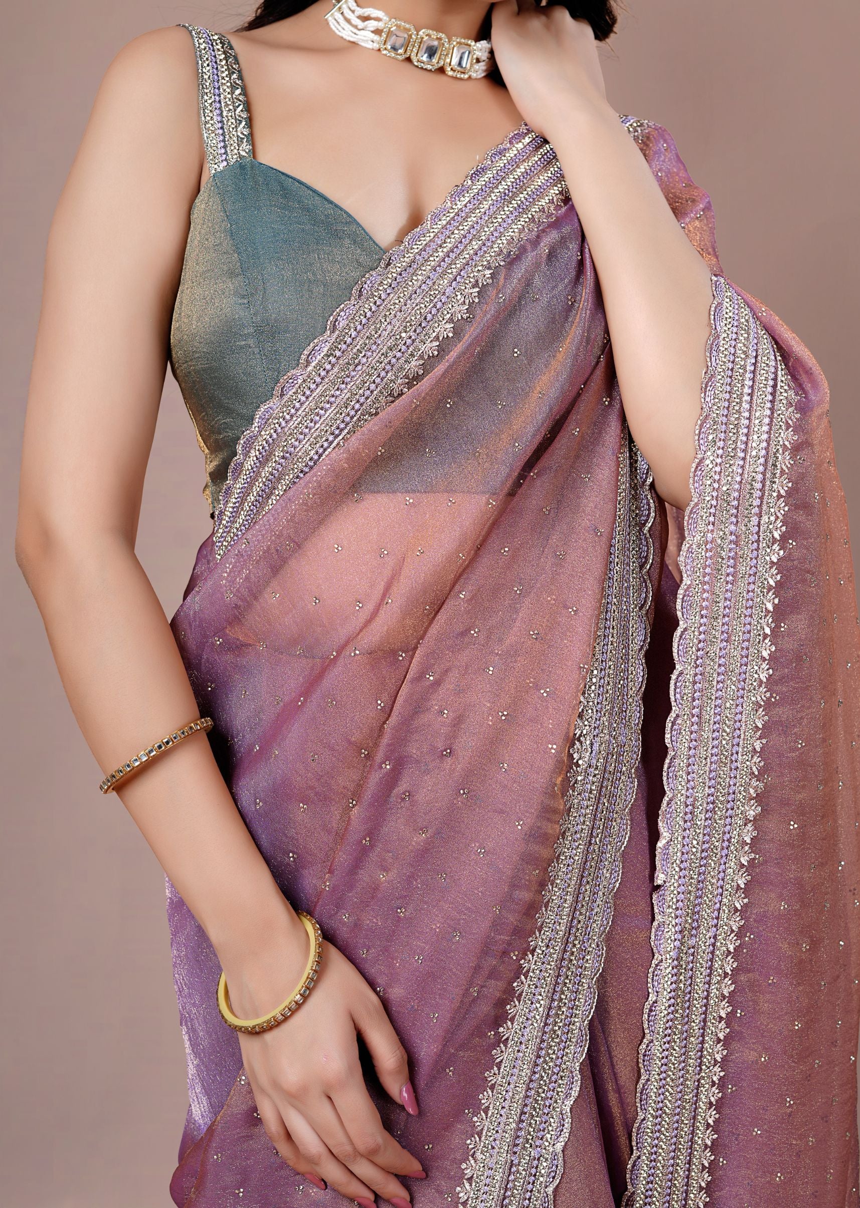 Dusty Teal Organza Saree with Zari Border & Stone Work Detailing