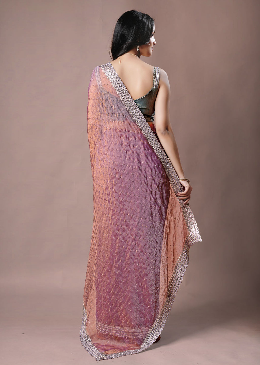 Dusty Teal Organza Saree with Zari Border & Stone Work Detailing