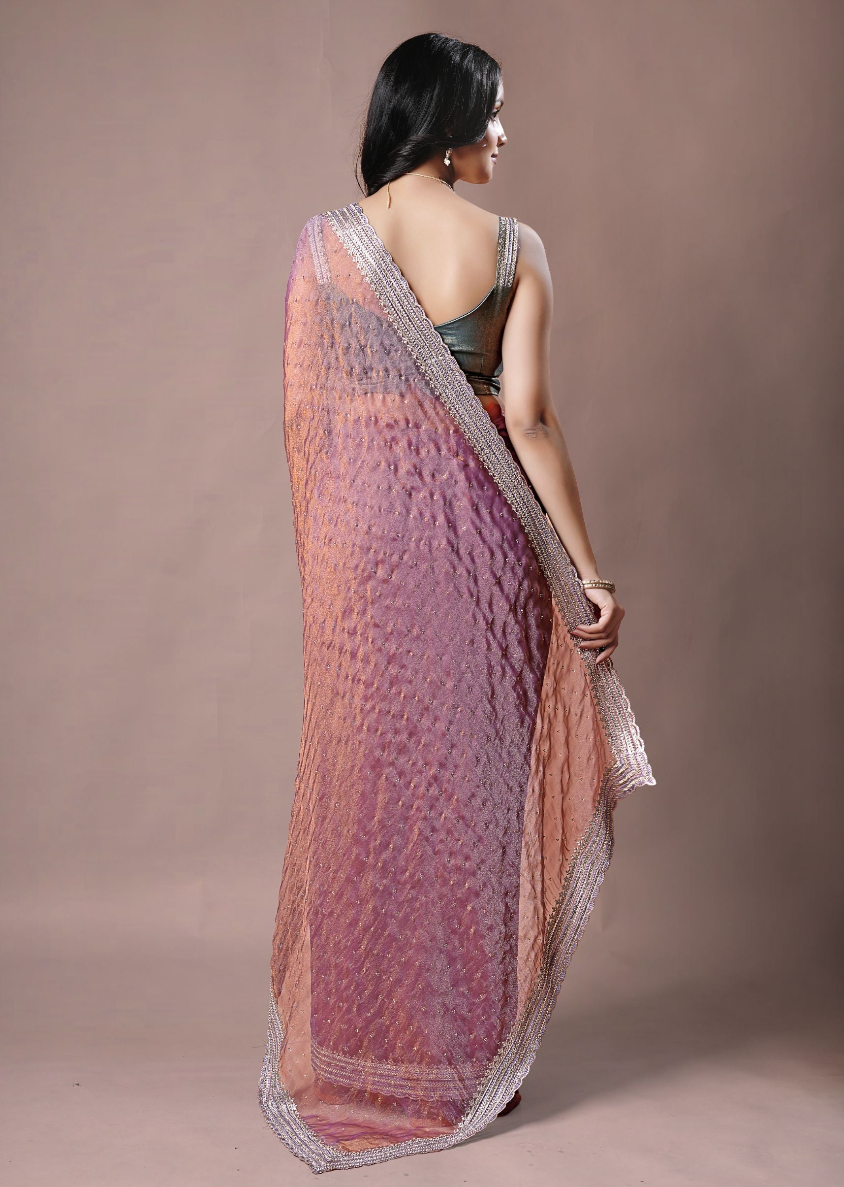 Dusty Teal Organza Saree with Zari Border & Stone Work Detailing