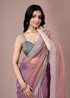 Dusty Teal Organza Saree with Zari Border & Stone Work Detailing