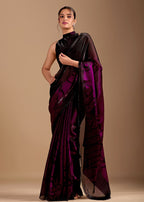 Wine Purple Organza Saree with Abstract Floral Print & Designer Scalloped Border