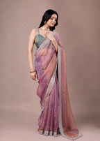 Dusty Teal Organza Saree with Zari Border & Stone Work Detailing