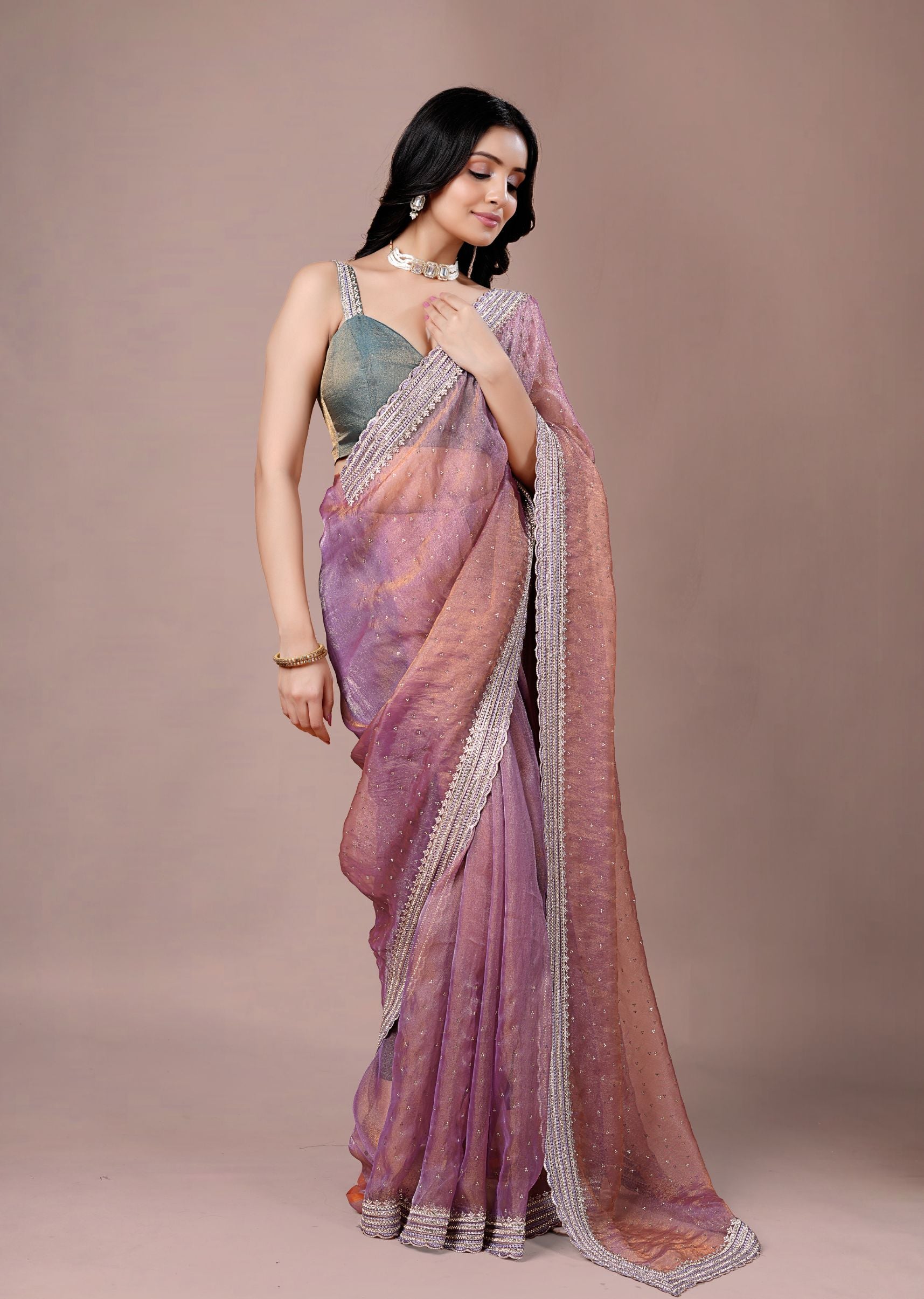 Dusty Teal Organza Saree with Zari Border & Stone Work Detailing