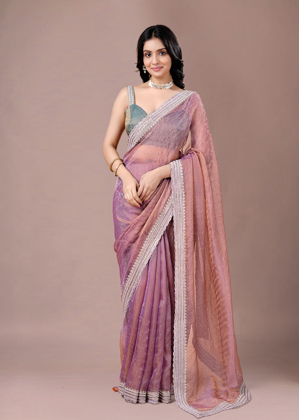 Dusty Teal Organza Saree with Zari Border & Stone Work Detailing
