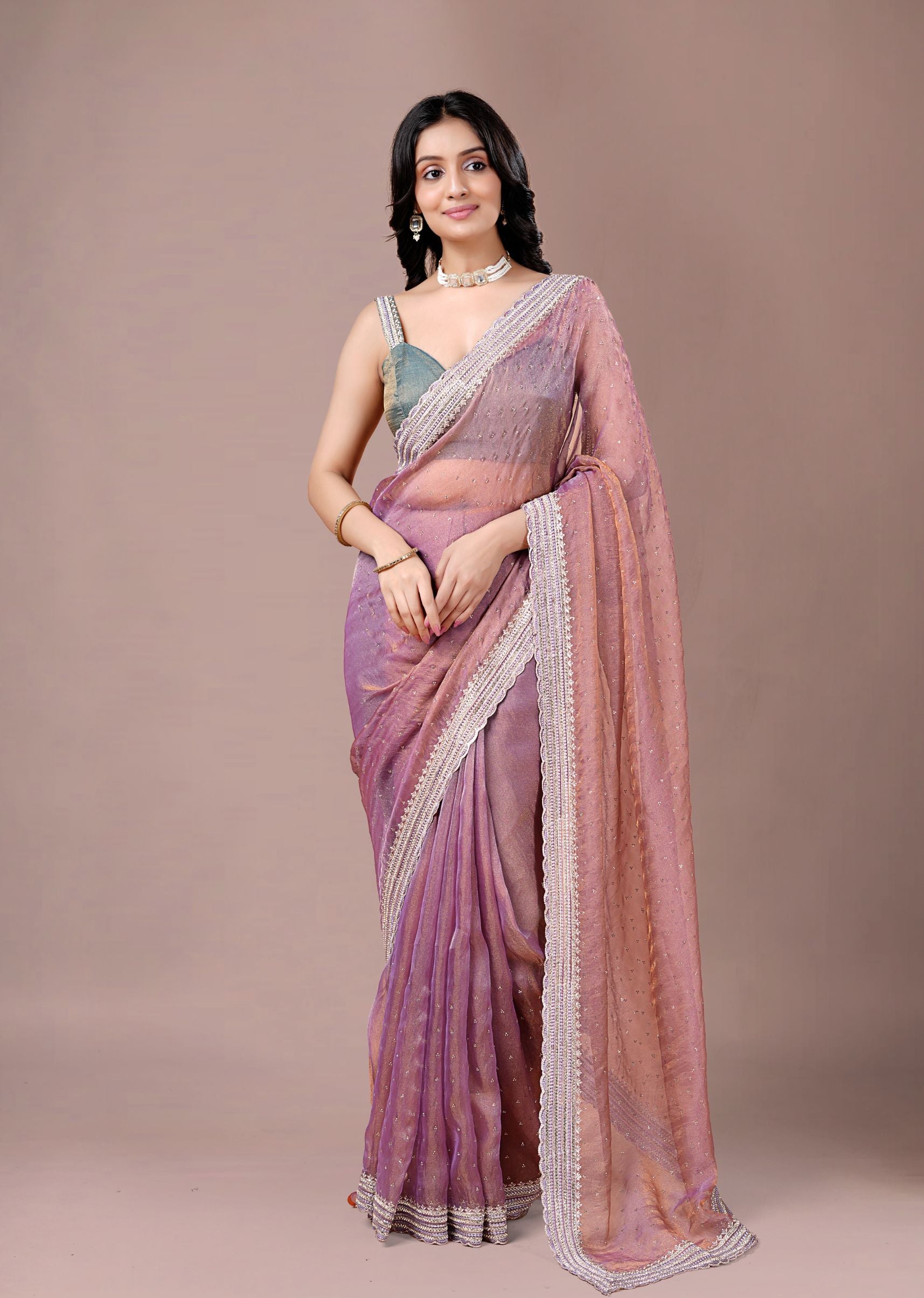 Dusty Teal Organza Saree with Zari Border & Stone Work Detailing