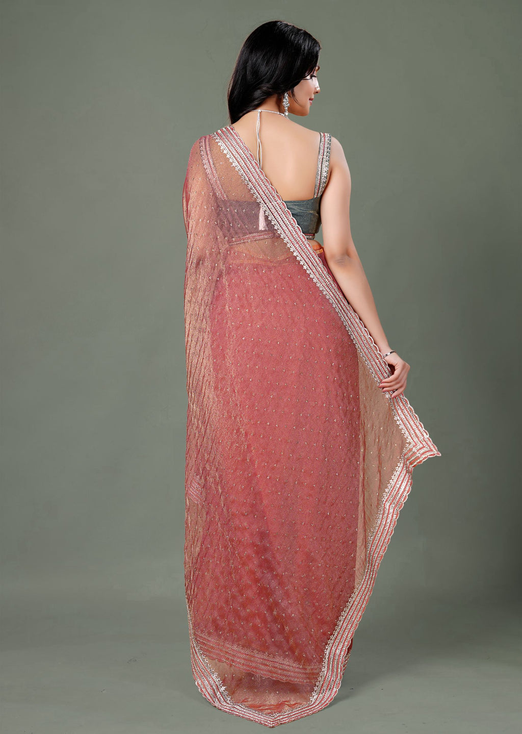 Dusty Teal Organza Saree with Zari Border & Stone Work Detailing
