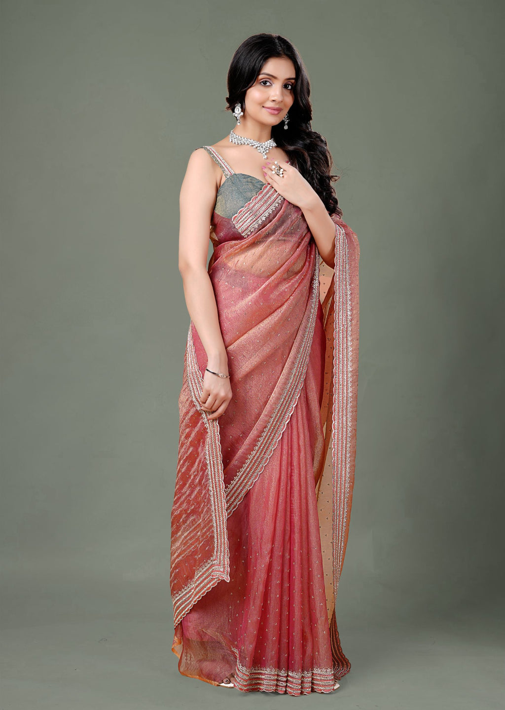 Dusty Teal Organza Saree with Zari Border & Stone Work Detailing