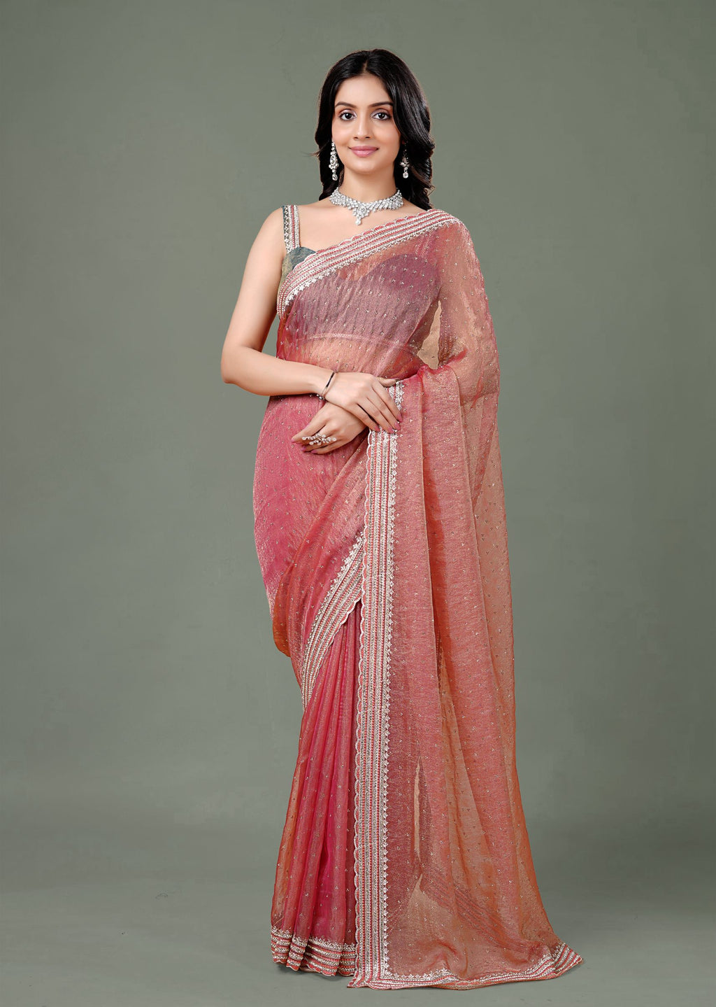 Dusty Teal Organza Saree with Zari Border & Stone Work Detailing