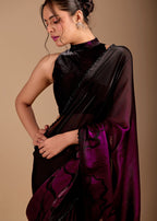 Wine Purple Organza Saree with Abstract Floral Print & Designer Scalloped Border