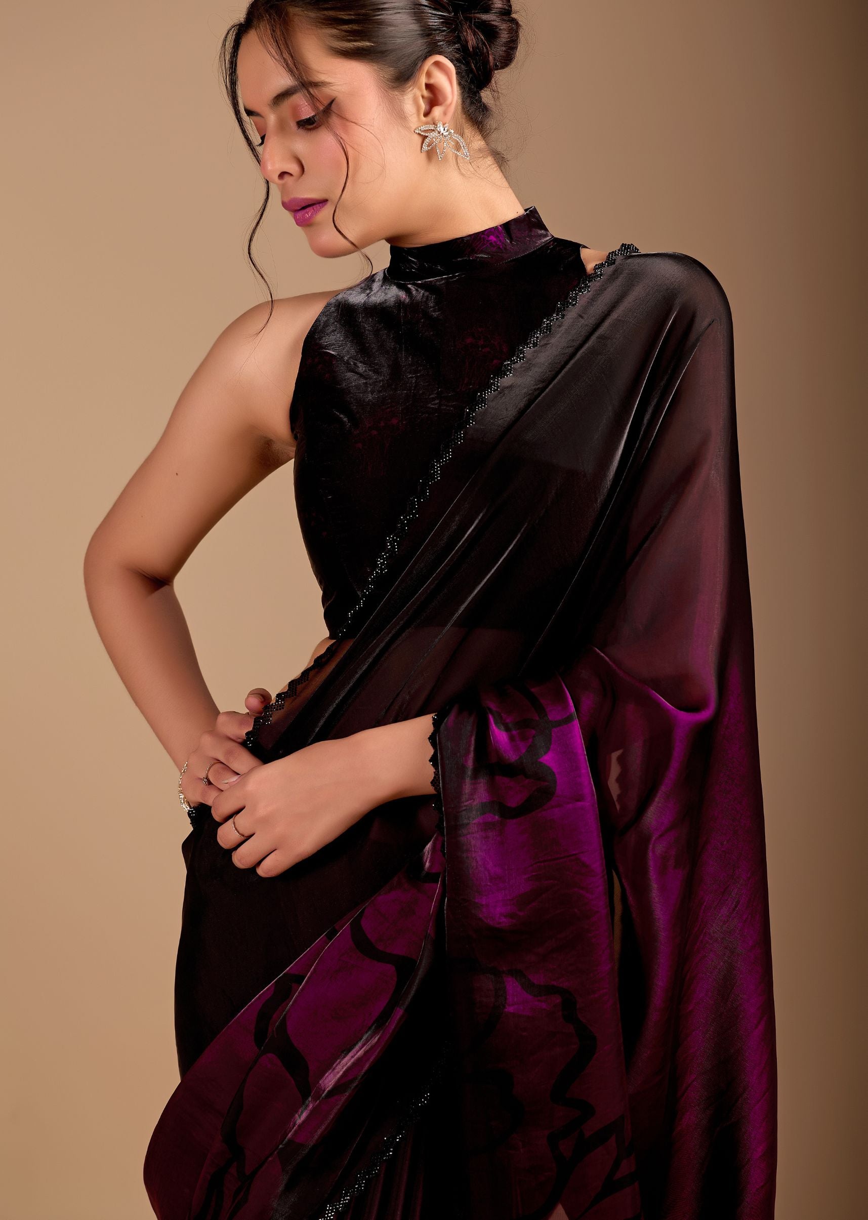 Wine Purple Organza Saree with Abstract Floral Print & Designer Scalloped Border