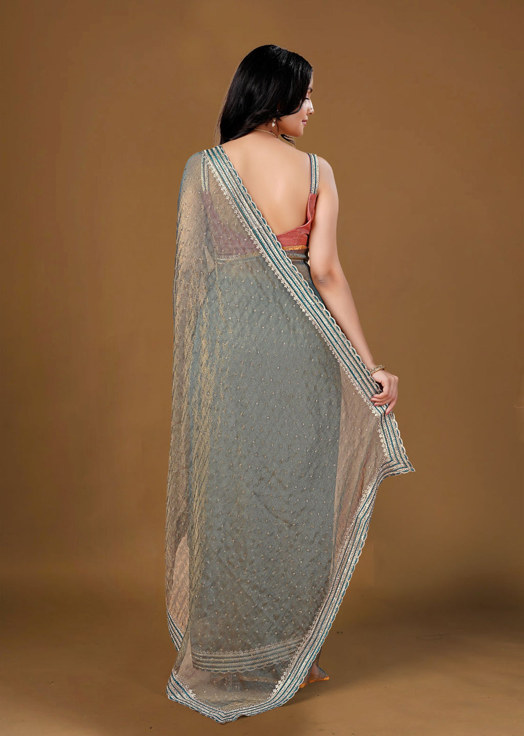 Dusty Teal Organza Saree with Zari Border & Stone Work Detailing