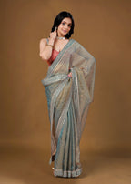 Dusty Teal Organza Saree with Zari Border & Stone Work Detailing