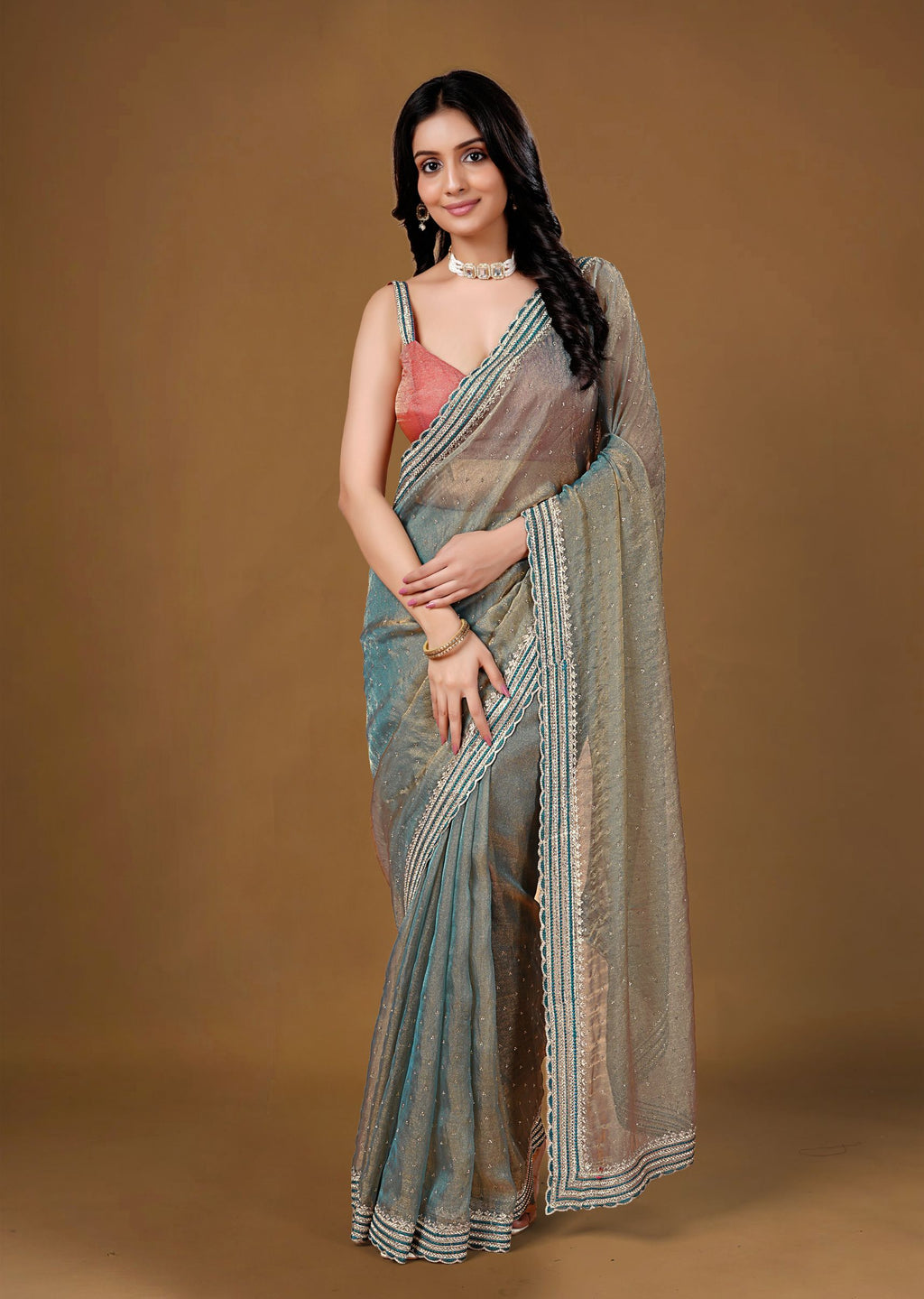 Dusty Teal Organza Saree with Zari Border & Stone Work Detailing