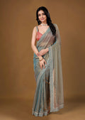 Dusty Teal Organza Saree with Zari Border & Stone Work Detailing