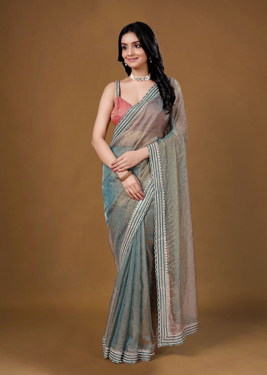 Dusty Teal Organza Saree with Zari Border & Stone Work Detailing