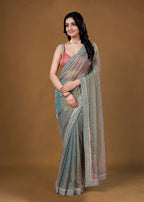 Dusty Teal Organza Saree with Zari Border & Stone Work Detailing