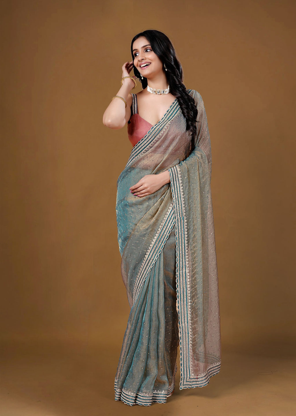 Dusty Teal Organza Saree with Zari Border & Stone Work Detailing
