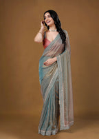 Dusty Teal Organza Saree with Zari Border & Stone Work Detailing