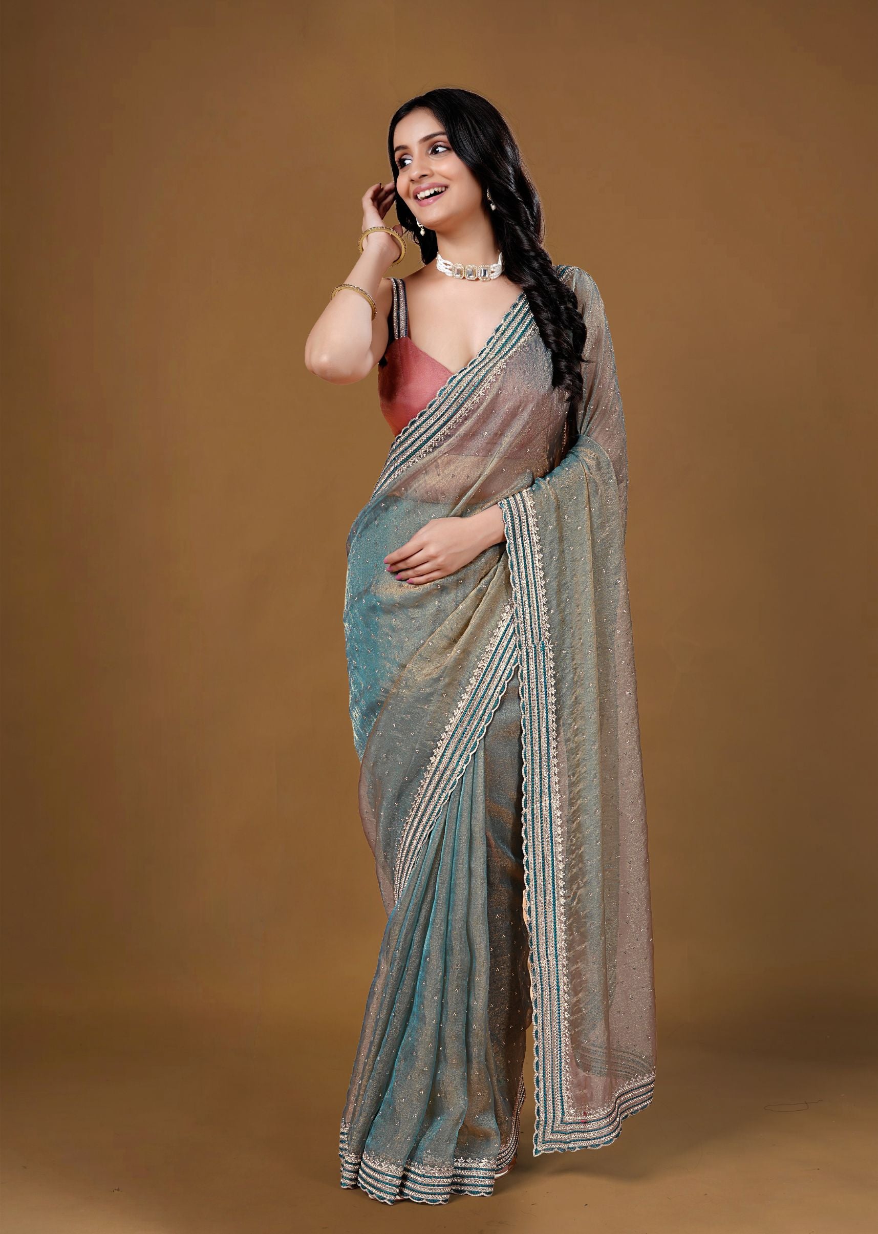 Dusty Teal Organza Saree with Zari Border & Stone Work Detailing