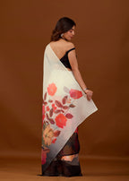 Ivory White Organza Saree with Digital Floral Print Border