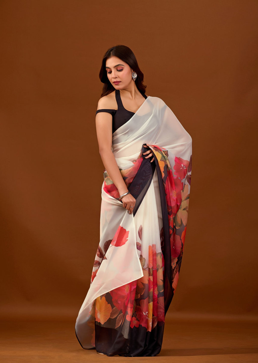 Ivory White Organza Saree with Digital Floral Print Border