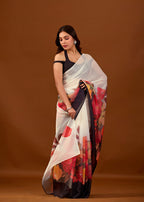 Ivory White Organza Saree with Digital Floral Print Border
